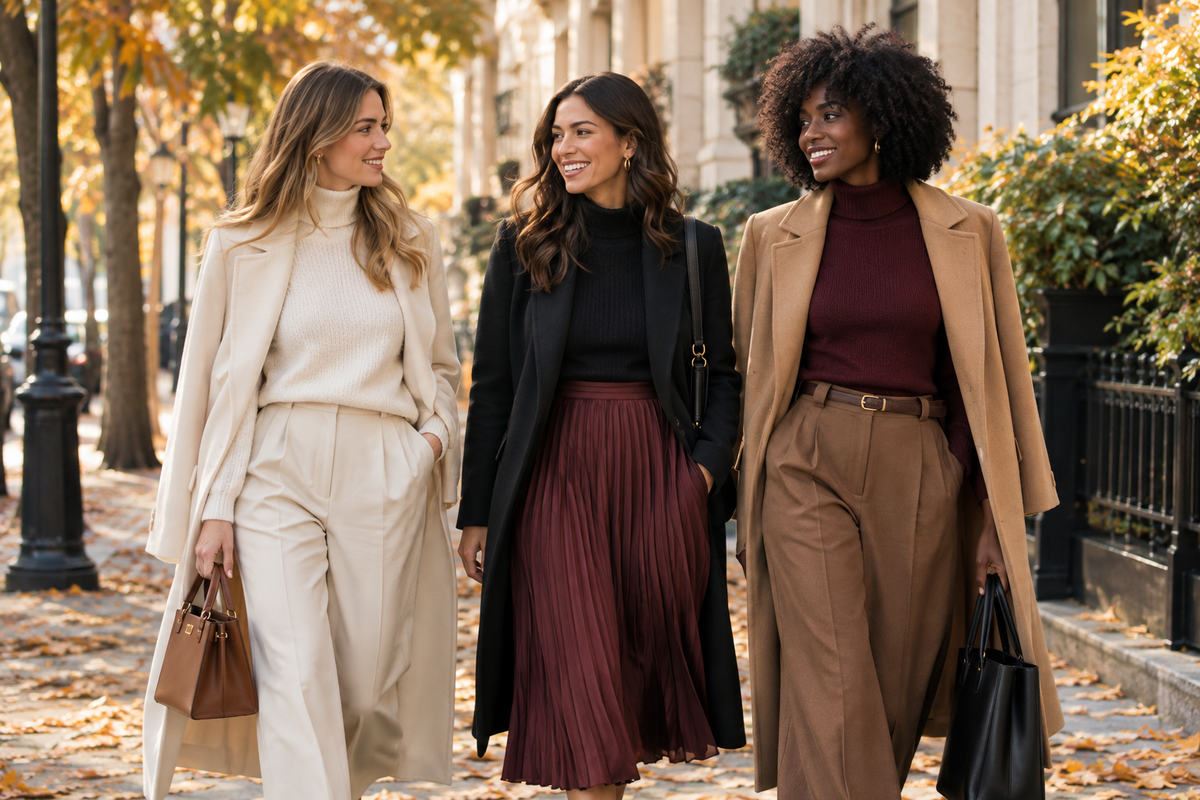 AI-generated autumn fashion scene with three women wearing neutral and burgundy layers on a tree-lined street.